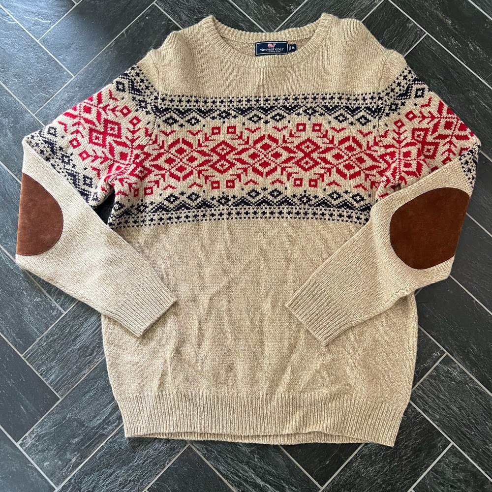 Vineyard Vines wool Beige Holiday Sweater with Red and Navy Pattern